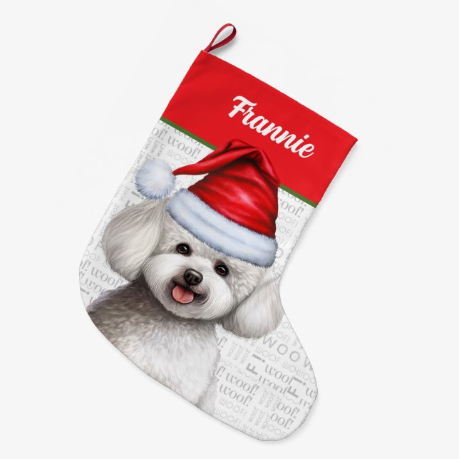 Calcetín Navideño Grande Bichon Frise Dog con nombre de perro (Frente (Colgado))