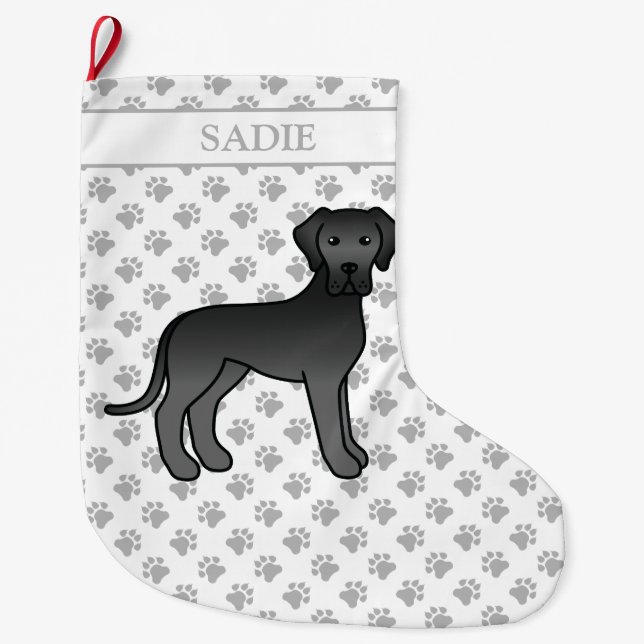 Calcetín Navideño Grande Black Great Dane Cute Cartog Dog & Name (Anverso)