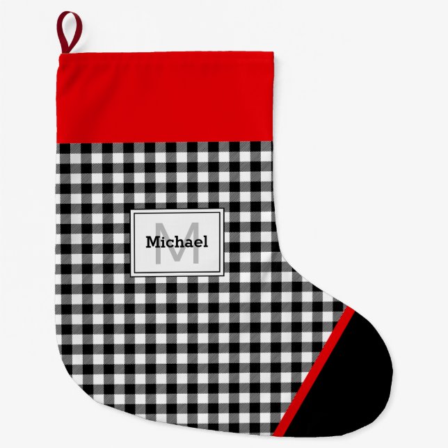 Calcetín Navideño Grande Black & White Plaid Toe Trim Monogram (Anverso)