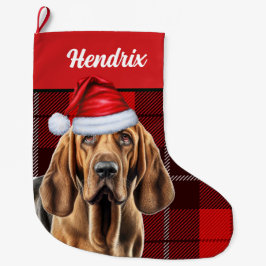 Calcetín Navideño Grande Bloodhound con placa de vacaciones y nombre de per