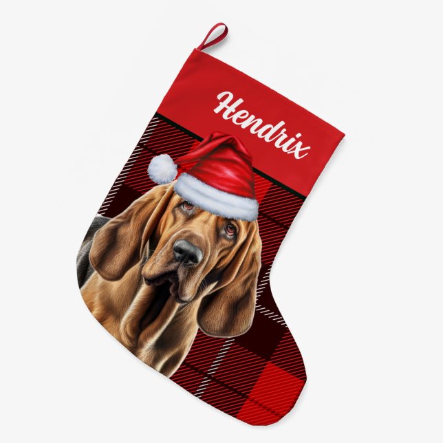 Calcetín Navideño Grande Bloodhound con placa de vacaciones y nombre de per (Frente (Colgado))