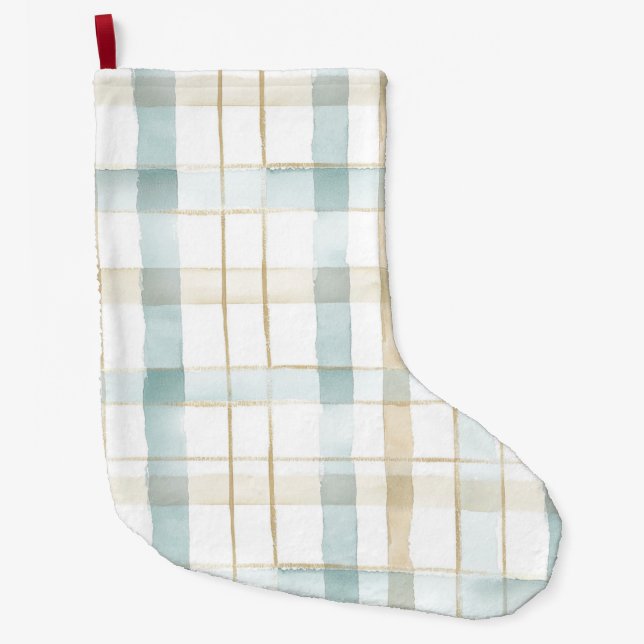 Calcetín Navideño Grande Blue Cream White Plaid Christmas (Anverso)