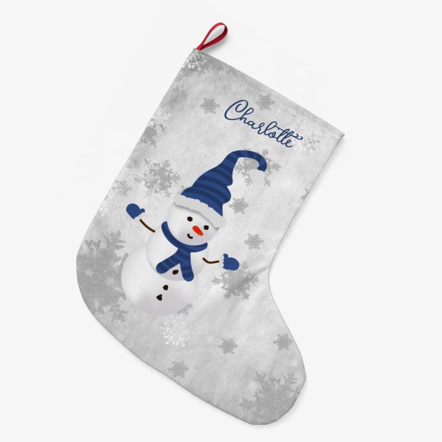 Calcetín Navideño Grande Blue Cute Snowman Holiday Stocking (Frente (Colgado))