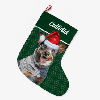 Calcetín Navideño Grande Blue Heeler Dog Green Holiday Plaid Personalizado