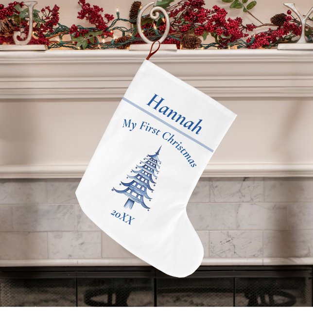 Calcetín Navideño Grande Blue My First Christmas Pagoda (Blue My First Christmas Pagoda Large Christmas Stocking)