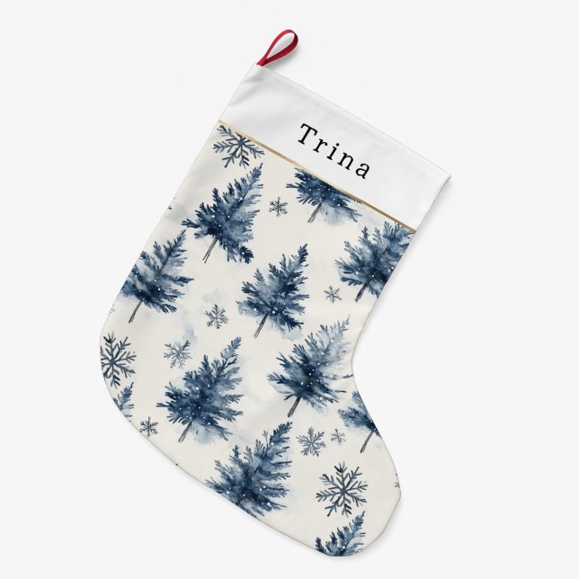 Calcetín Navideño Grande Blue White Christmas Trees Snowflakes (Frente (Colgado))