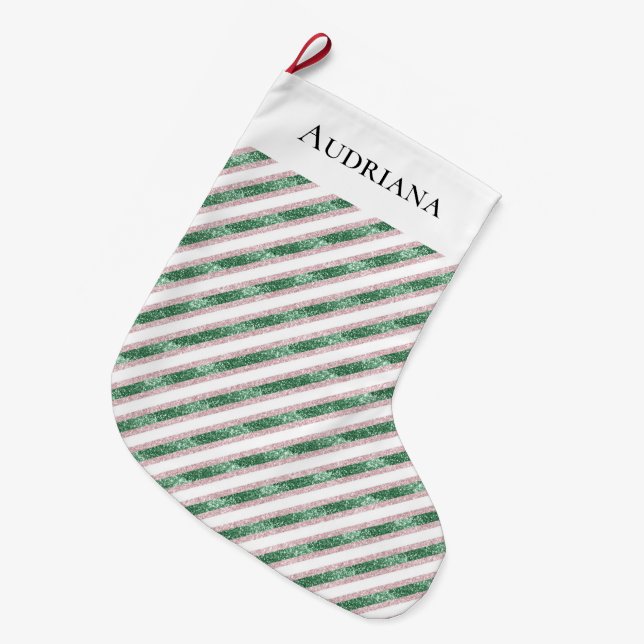 Calcetín Navideño Grande Blush Pink Green Glitter Stripes Christmas   (Frente (Colgado))