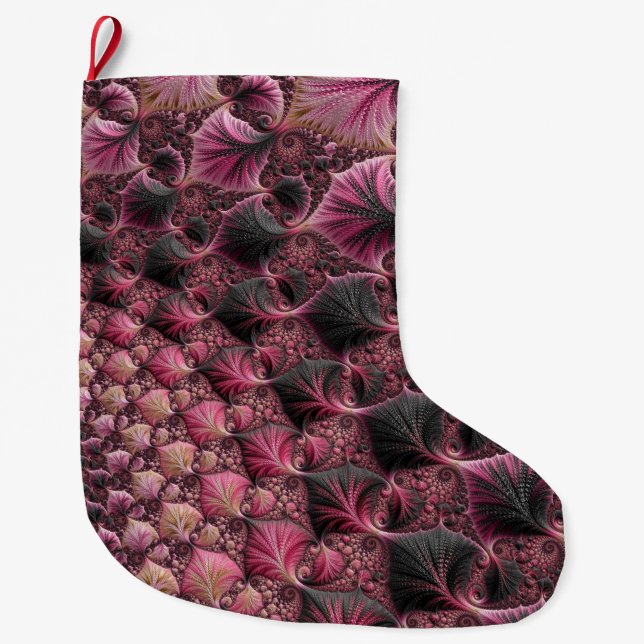 Calcetín Navideño Grande Boho Funky Ecléctico Rosa Negro Resumen Fractal (Anverso)