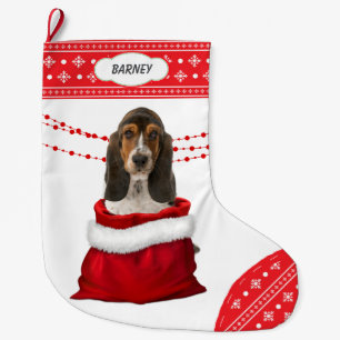 Calcetín Navideño Grande Bolsa de regalo Basset Hound Cachorro Copo de niev