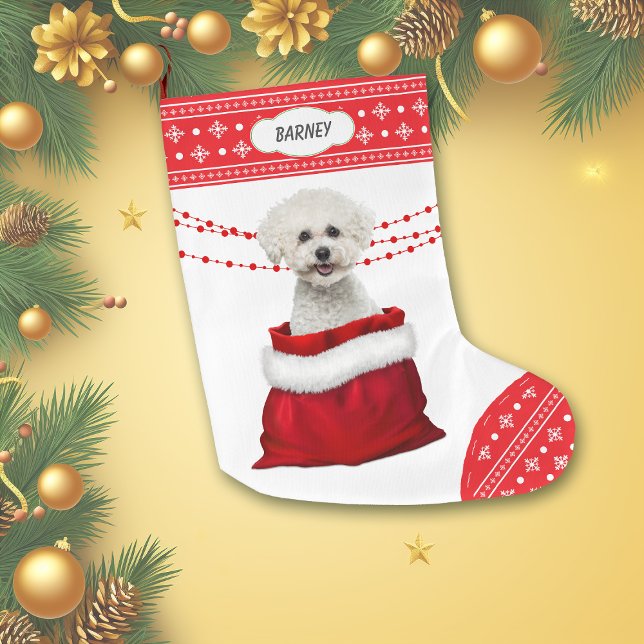Calcetín Navideño Grande Bolsa de regalo Bichon Frise Dog Snowflake Border (Subido por el creador)