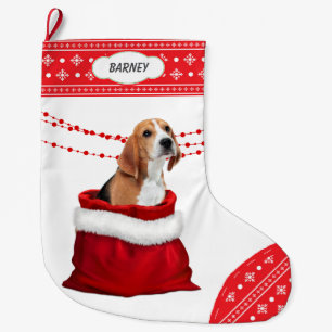 Calcetín Navideño Grande Bolsa de regalo Borde de copo de nieve perro Beagl