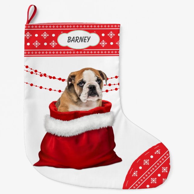 Calcetín Navideño Grande Bolsa de regalo Bulldog lindo Puppy Snowflake Bord (Anverso)