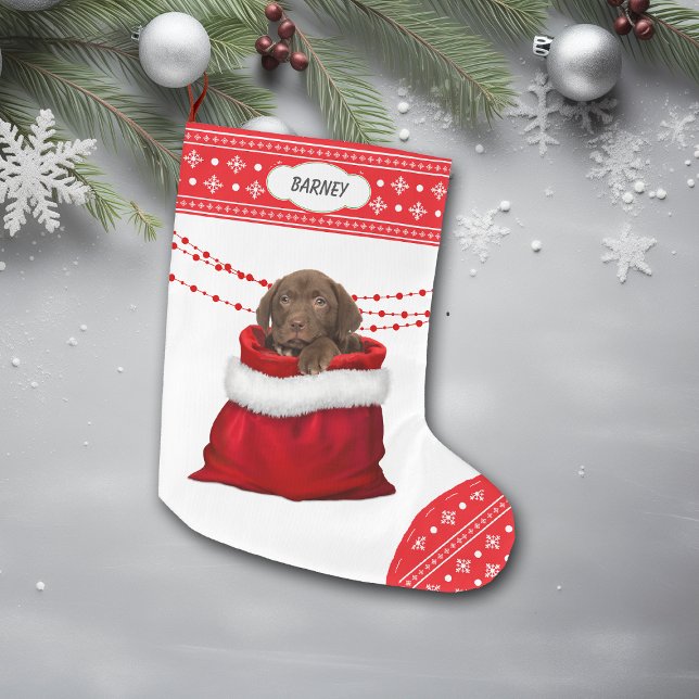 Calcetín Navideño Grande Bolsa de regalo Chocolate Lab Pup Snowflake Border (Subido por el creador)