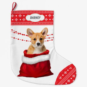 Calcetín Navideño Grande Bolsa de regalo Corgi Puppy Perro Snowflake Border
