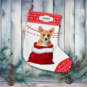 Calcetín Navideño Grande Bolsa de regalo Corgi Puppy Perro Snowflake Border
