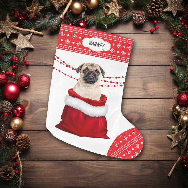 Calcetín Navideño Grande Bolsa de regalo Cute Pug Perro Snowflake Border (Subido por el creador)