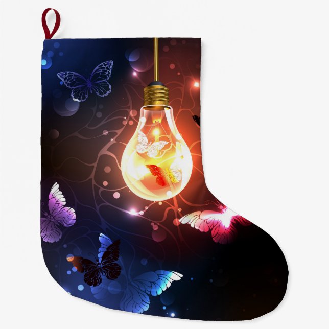 Calcetín Navideño Grande Bombilla brillante con mariposas nocturnas (Anverso)