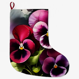 Calcetín Navideño Grande Bonito maroon daek pansies rojos pintura acuarela