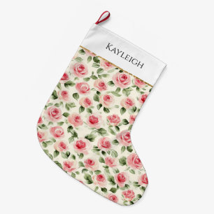Calcetín Navideño Grande Bonito Roses Rosados Navidades Florales Purpurina