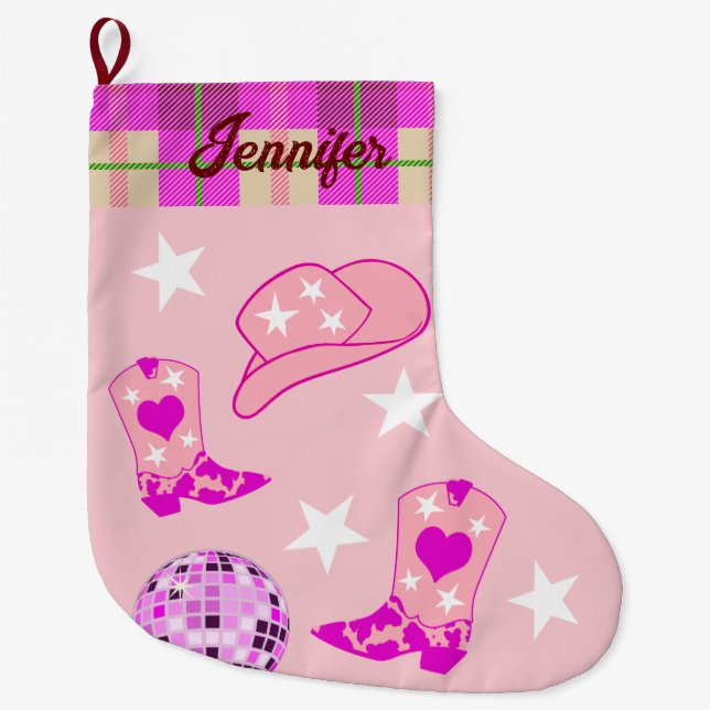 Calcetín Navideño Grande Boots Gorras de Cowgirl de discoteca rosada modern (Anverso)