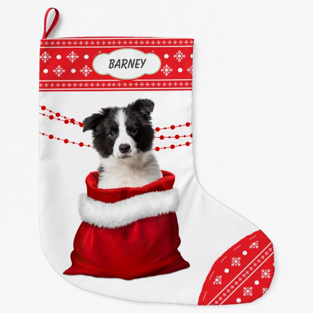 Calcetín Navideño Grande Borde de bolsitas de regalo Collie Puppy Snowflake (Anverso)