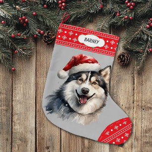 Calcetín Navideño Grande Borde de copo de nieve con perro husky y sombrero 