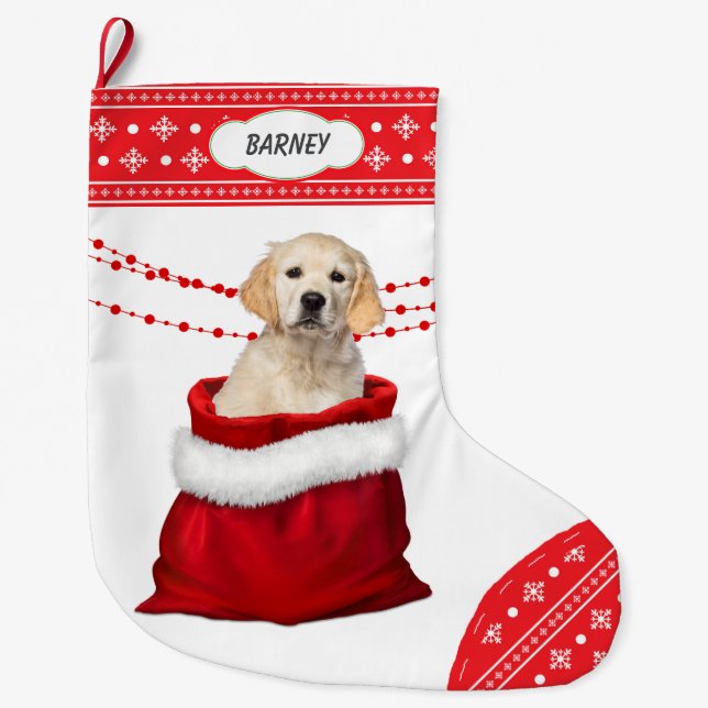 Calcetín Navideño Grande Borde de copos de nieve de perro acristalado dorad (Anverso)