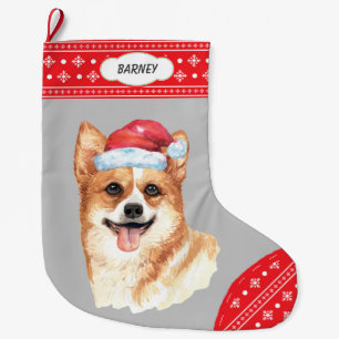 Calcetín Navideño Grande Borde de copos de nieve de Santa Hat Corgie