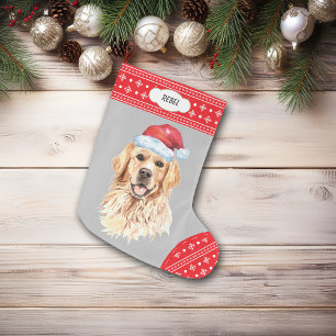 Calcetín Navideño Grande Borde de copos de nieve de Santa Hat Golden Retrie