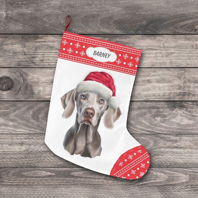 Calcetín Navideño Grande Borde de nieve de Weimaraner Santa Hat (Subido por el creador)