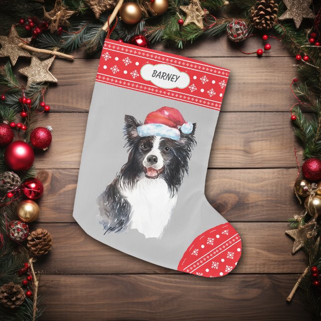 Calcetín Navideño Grande Borde de Santa Hat Collie Snowflake (Subido por el creador)