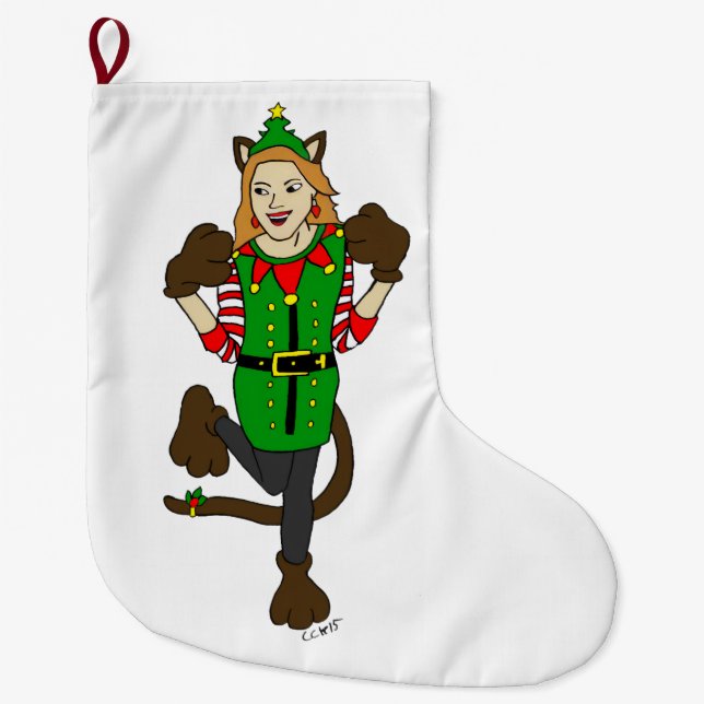 Calcetín Navideño Grande botón de catgirl de un Navidad (Anverso)
