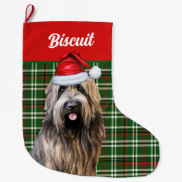 Calcetín Navideño Grande Briard Shepherd Dog Green Plaid Personalizado