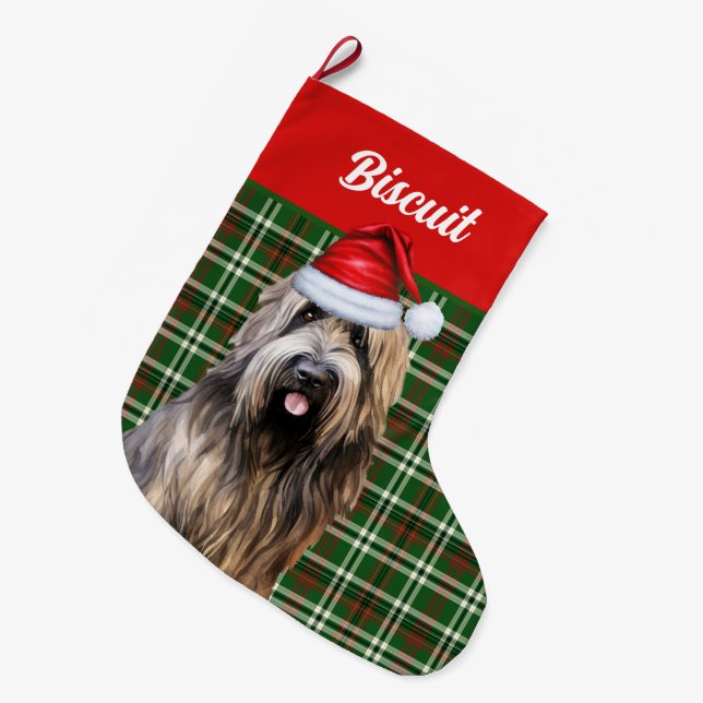 Calcetín Navideño Grande Briard Shepherd Dog Green Plaid Personalizado (Frente (Colgado))