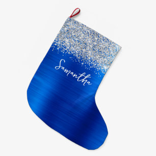 Calcetín Navideño Grande Brillo Plateado Glam Real Azul Nombre