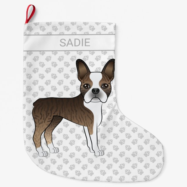Calcetín Navideño Grande Brindle Boston Terrier Cartog Perro y nombre perso (Anverso)