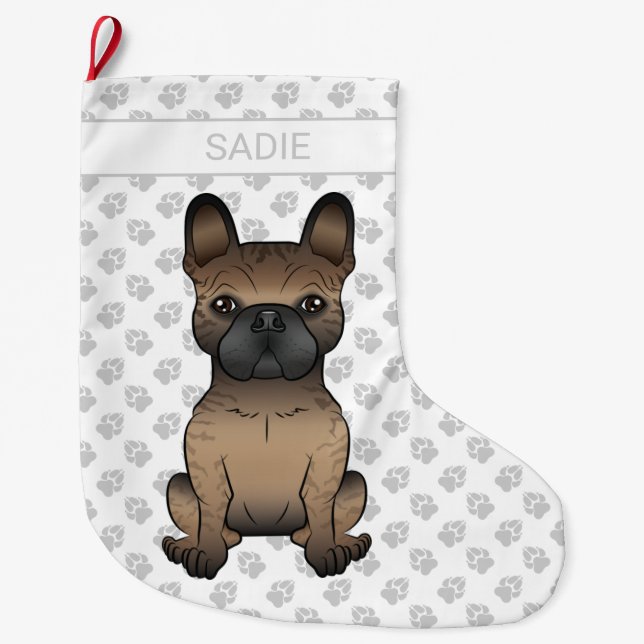 Calcetín Navideño Grande Brindle Bulldog francés / Frenchie Cute Dog & Name (Anverso)