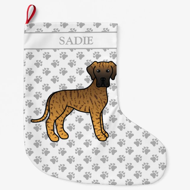 Calcetín Navideño Grande Brindle Great Dane Cute Cartog Dog & Name (Anverso)