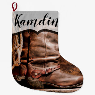 Calcetín Navideño Grande Brotes de Vaquero Personalizados Barn Wood Rusti