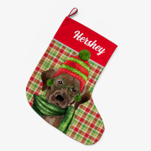 Calcetín Navideño Grande Brown Labrador Retriever Red Plaid with Dog's Name