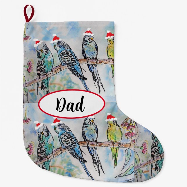 Calcetín Navideño Grande Budgie Budgies Bird Birds Dad Christmas Stocking  (Anverso)
