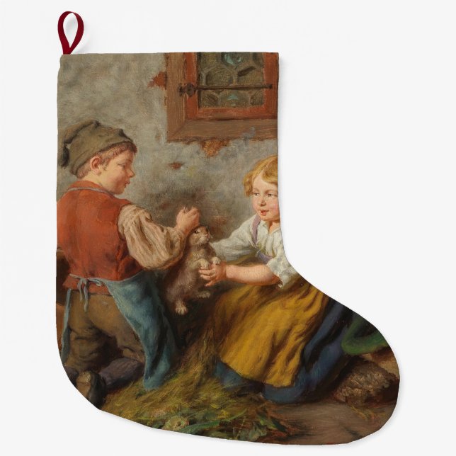 Calcetín Navideño Grande Buenos Amigos (Jóvenes Jugando Con Conejo Mascota) (Anverso)