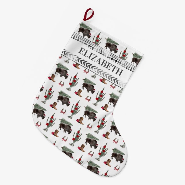 Calcetín Navideño Grande Búfalo Bison Western Ranch Cowboy Árbol de Navidad (Frente (Colgado))