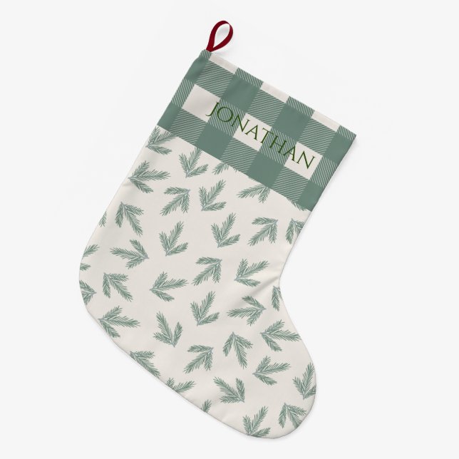 Calcetín Navideño Grande Búfalo Comprobar tipografía verde (Frente (Colgado))