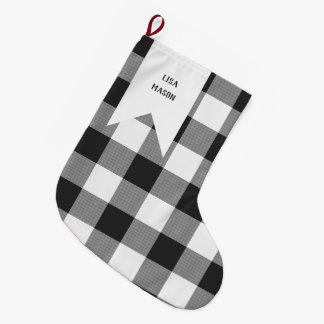 Calcetín Navideño Grande Buffalo Check White and Black Squares Plaid