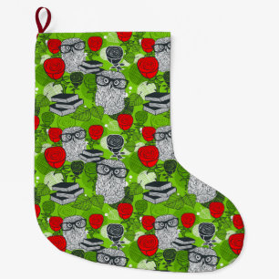 Calcetín Navideño Grande Búho en rosas rojas