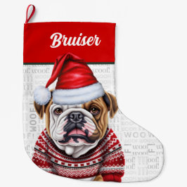 Calcetín Navideño Grande Bulldog de navidades con nombre Woof Background