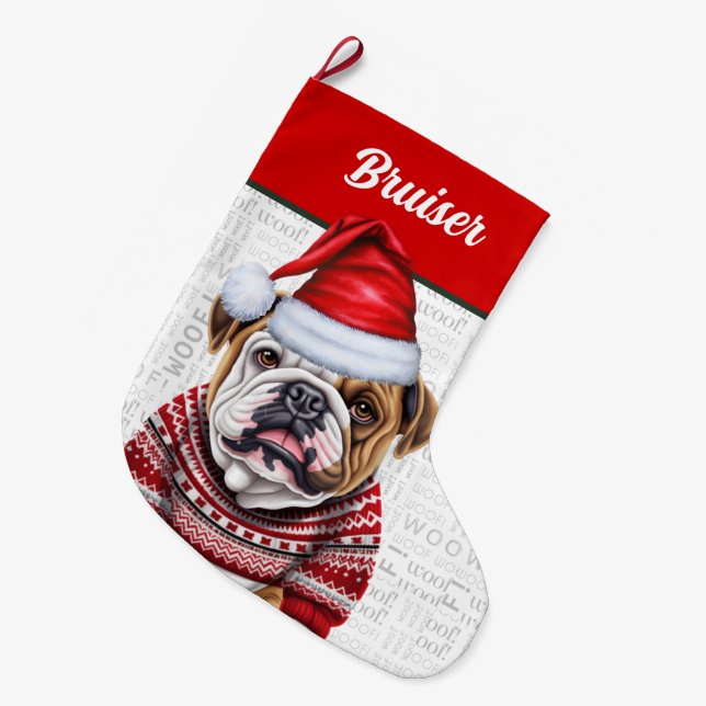 Calcetín Navideño Grande Bulldog de navidades con nombre Woof Background (Frente (Colgado))