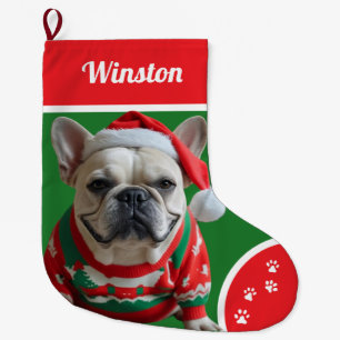 Calcetín Navideño Grande Bulldog de Navidades con suéter personalizado