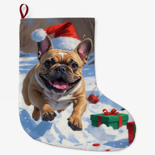 Calcetín Navideño Grande Bulldog Francés corriendo en la nieve con sombrero